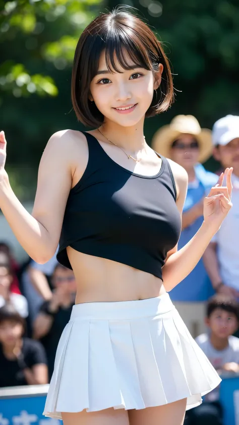 Best-quality, Masterpiece, Ultra-High-Resolution, (Photorealistic:1.4), Raw-Photo, Extremely-Details, Perfect-Anatomy, 1girl, 15-years-old, the most famous Japanese idol, cowboy-shot, looking at viewer, innocent-smile, (wearing cheerleading-costume with cu...