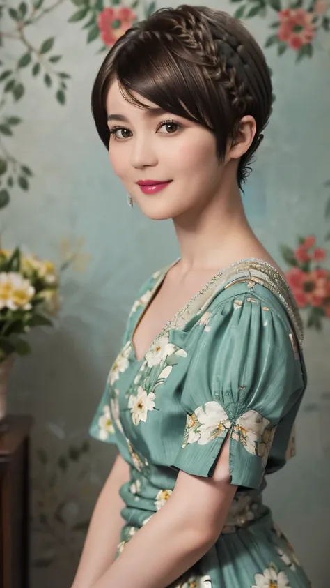 152
(20 year old woman,floral pattern dress), (Super realistic), (high resolution), ((beautiful hairstyle 46)), ((short hair:1.46)), (gentle smile), (brest:1.1), (lipstick)
