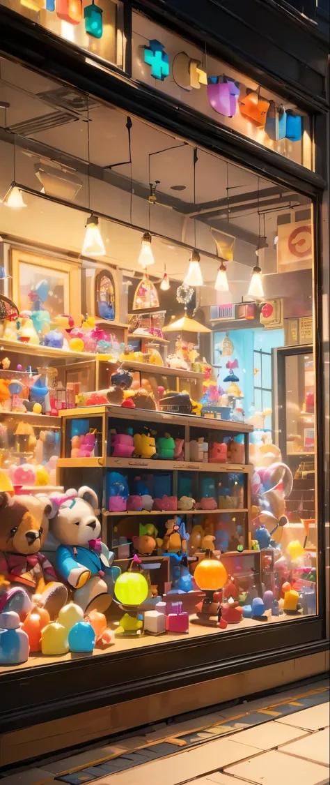 ((realistic light, highest quality, 8K, pieces fly: 1.3)), colorful toy store window display、Vibrant toys and decorative elements、beautifully arranged、doll、teddy bear、car、building blocks etc..、All made from high quality materials、The toys are carefully pos...