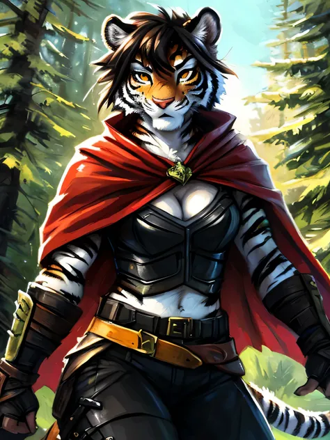 uploaded on e621, beautiful and detailed portrait of a female anthro tiger, by Zackary911, by Kenket, by Kilinah, by fluff-kevlar, soft lighting, white tiger, cleavage, action shot, beautiful, dark curly hair, 1girl, solo, hunting, archer, hunter, minimal ...