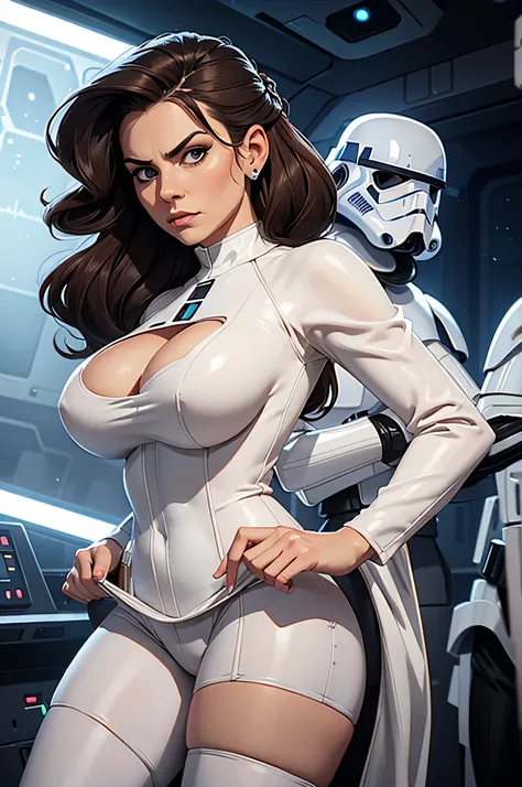 top quality, Ray, starwars, sexy milf, thigh high, white outfit, serious face, brunete, triple knot hair,
