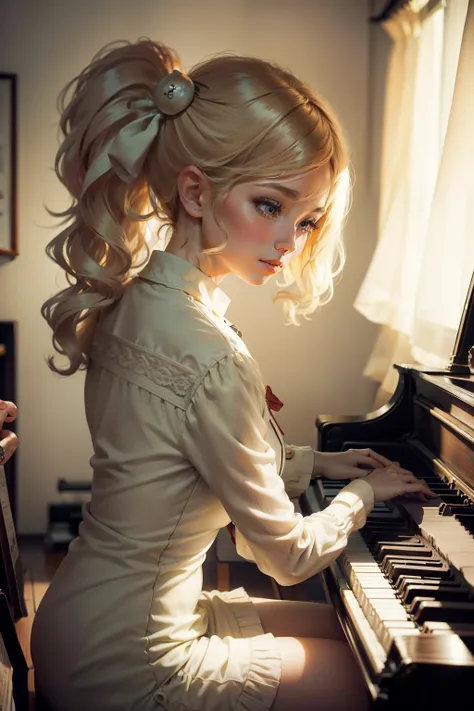 Gentle in the 60s、Female piano teacher with bobs hairstyle、Draw a picture of a cute girl giving piano lessons。