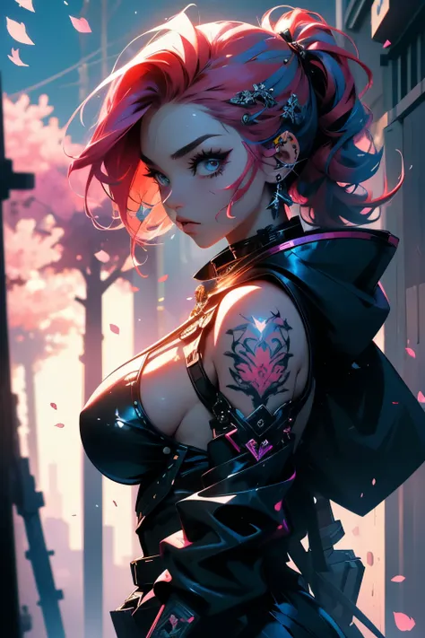 (masterpiece, top quality, best quality, official art, beautiful, cosmic, atmospheric, psychedelic, dreamlike and aesthetic, the most beautiful and highly detailed Harajuku-inspired hooded cyberpunk battle armor, super huge enormously gigantic tits, tons o...