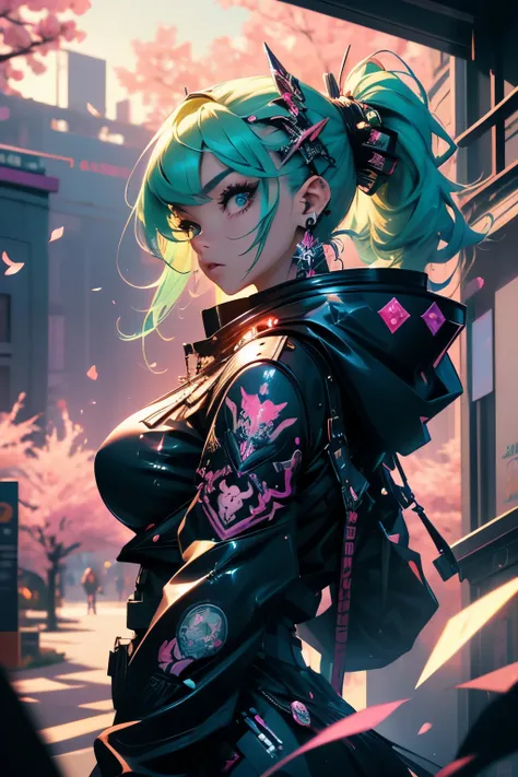 (masterpiece, top quality, best quality, official art, beautiful, cosmic, atmospheric, psychedelic, dreamlike and aesthetic, the most beautiful and highly detailed Harajuku-inspired hooded cyberpunk battle armor, super huge enormously gigantic tits, tons o...