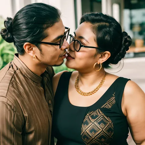 An Indonesian flirty mature woman (curvy body, hair bun, black traditional kebaya tank-top, messy curly hair, hoop earrings) kissing her boyfriend (Dutch young officer, shaved head, glasses)