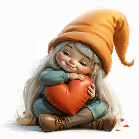 cute gnome girl,sitting and hugging a big red heart pillow for valentines day, closeup, isolated white background, clipart, illu...