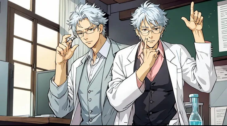 silver haired teacher wearing lab coat and medical glasses, he is showcasing facial expressions and hand gestures