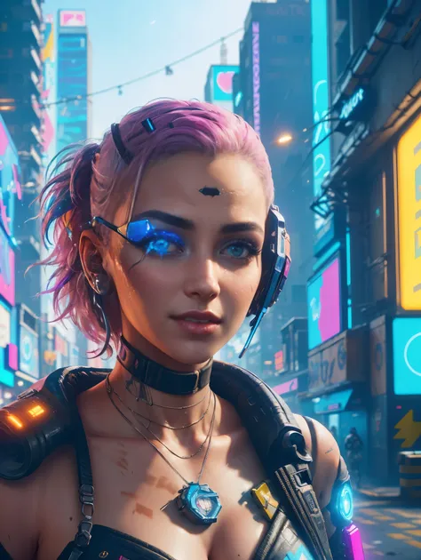 25-year-old cyberpunk girl in a colorful Harajuku pop outfit, Cowboy shot, the wind, Real Pile, big blue eyes, 8K, a perfect face, the perfect body, messy  hair, Highly detailed eyes, Highly detailed face, ((Cyberpunk 2077 cityscape)), (Cyberpunk aesthetic...