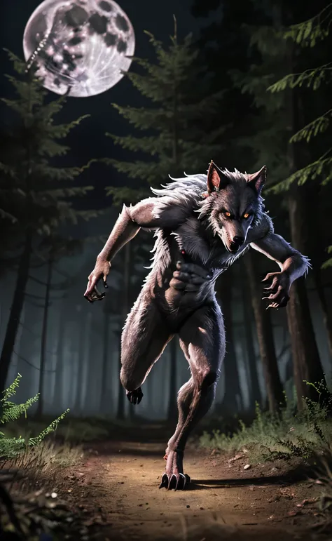 realistic image of a werewolf running away in the forest on a full moon night