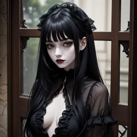 1 girl, goth, black hair, black lios, pale skin, frills, fringe