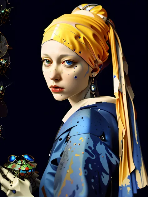 Pintura digital realista 8k, Stunning Complex Cracked Multicolor Milky White Marble Antique Female Statue Bernini Design Sculpture. A girl with a pearl earring, Kim Ji. ((((Angry robotic wasps flew into the cracks)))). Daytona, Greg Tokini, amano yoshitaka...