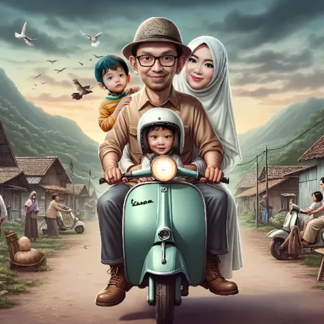 arafed image of a man and woman riding a scooter with a , inspired by Rudy Siswanto, an indonesian family portrait, by Rudy Siswanto, artwork in the style of guweiz, style of ade santora, by Abidin Dino, happy family, inspired by Erik Pevernagie, by Basuki...