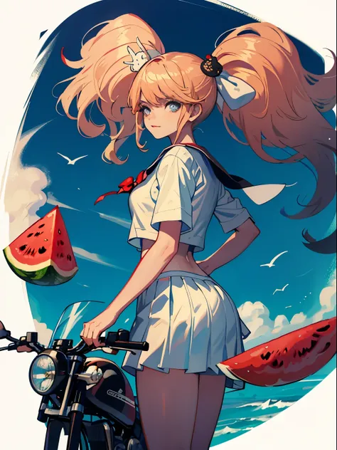 Palace, Girl, Sailor suit, Summer vacation, water melon, motorcycle,