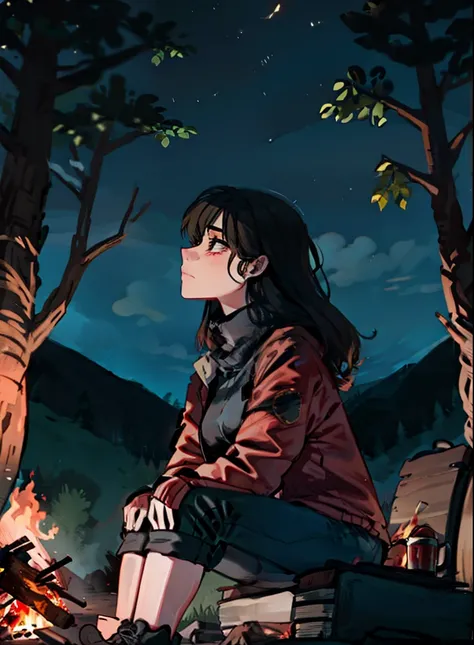 1girl, sitting at a campfire, facing away