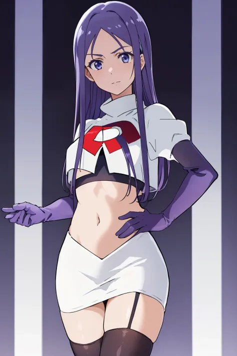 masterpiece, highres, 1girl,  AnjuEmmaR4, purple hair, blue hair, (blue background), team rocket uniform, red letter R, white skirt,white crop top,black thigh-highs,black elbow gloves