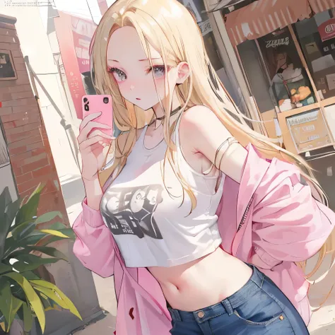 Blonde girl, large forehead, white skin, fierce, pink lips, profile picture, straight hair, pink crop top, jeans, fashion clothes, confident, selfie