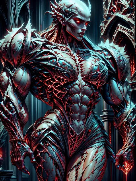 (1 girl), (megan fox:1.25), (pure white skin:1.25), Beautiful vampire girl dressed in ornate medieval vampiric full body armor, (extreme muscular definition:1.5), (vampiric body armor:1.25), (huge muscular arms:1.5,) (10-pack abs:1.4), (lots of veins:1.25)...