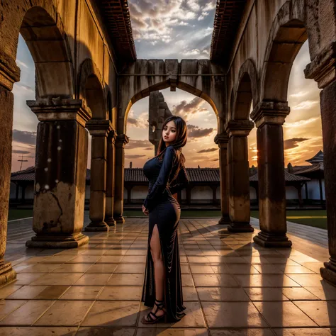 Ancient City at Sunset, young beautiful woman in long dress fashion, full body shot, back view from below, giga_busty, gigantic breasts