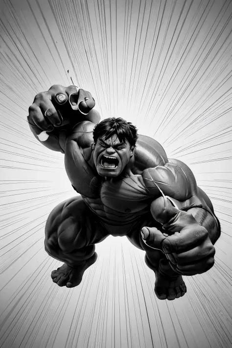 Generate illustrations of hulk without color. Capture iconic poses, facial expressions, and dynamic flying scenes to showcase the essence of the character. For an coloring book, thick line, cartoon style, no color, white background, only strokes