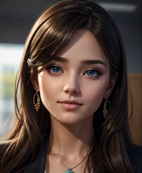 face portrait of 1girl, light long hair, wearing a secretary suit, in an office, (slightly smiling), closeup, (makeup), earring, necklace, detailed eyes, limbal ring, (masterpiece, best quality, high quality), hyperdetailed, highres, high detail, intricate...