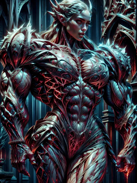 (1 girl), (megan fox:1.25), (pure white skin:1.25), Beautiful vampire girl dressed in ornate medieval vampiric full body armor, (extreme muscular definition:1.5), (vampiric body armor:1.25), (huge muscular arms:1.5,) (10-pack abs:1.4), (lots of veins:1.25)...