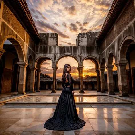 black long dress, back view from below