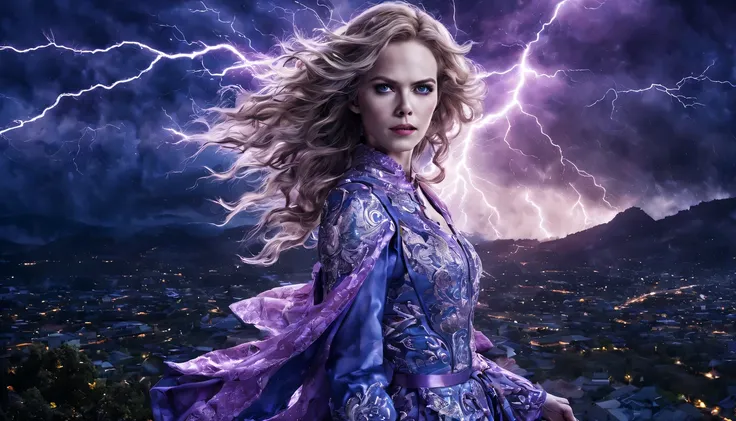 uma jovem garota de corpo inteiro (nicole kidman), zenistu, e com roupas vermelhas e brancas, purple and white lightning, cabelo...