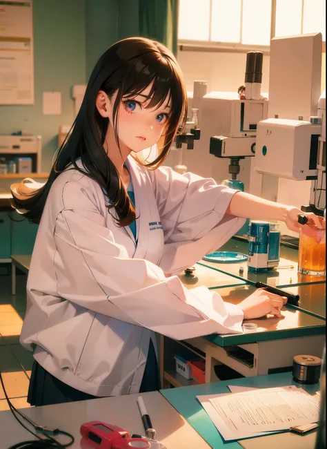 Anime girl with stirring stick and frass, working in her science lab, clean detailed anime art, Cute girl anime visual, anime girl drinks energy drink, Gwaites style artwork, experimenting in her science lab, detailed digital anime art, a surreal , Smooth ...