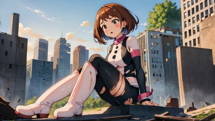 masterpiece, best quality, highres, hmochako, blush stickers, short hair, medium breasts, superhero, bodysuit, boots, ruins, building, (torn clothes:1.2), sitting