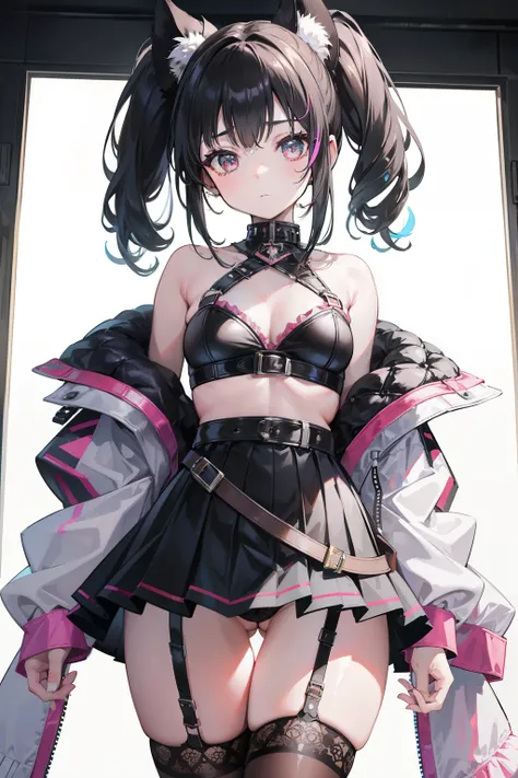 Masterpiece, best quality, 1 younger girl, cute and sexy body, inspired by MOAMETAL and BABYMETAL, 13 years old, wearing a short miniskirt that accentuates her wide hip and thick thighs, photorealistic style capturing every detail, short in height, possess...