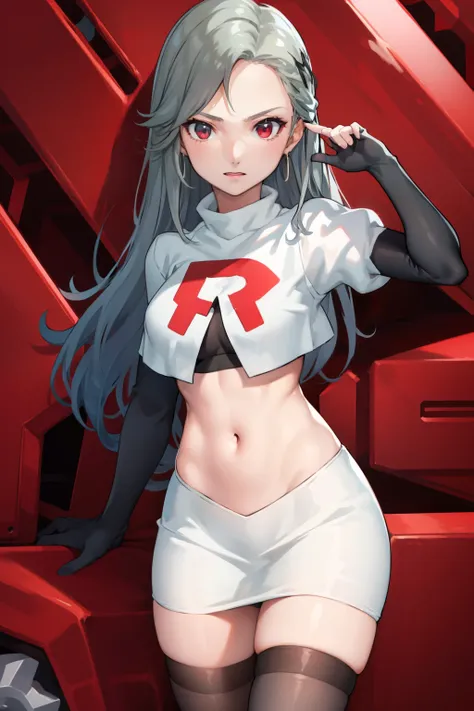 saep5, 1girl, team rocket uniform, red letter r, white skirt,white crop top,black thigh-highs,black elbow gloves