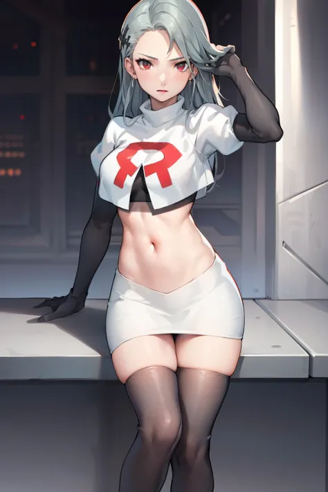 saep5, 1girl, team rocket uniform, red letter r, white skirt,white crop top,black thigh-highs,black elbow gloves