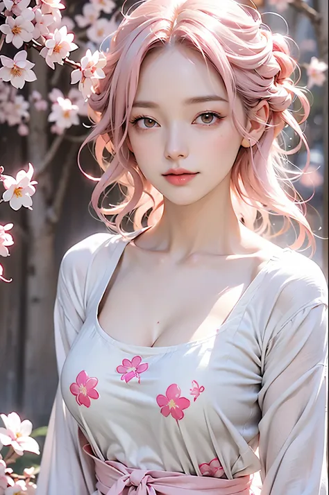 light pink hair, pink eyes, in Pink and white, Cherry blossom leaves, bright colors, white dress, paint splatter, simple background, Ray tracing, curls，(huge breast)