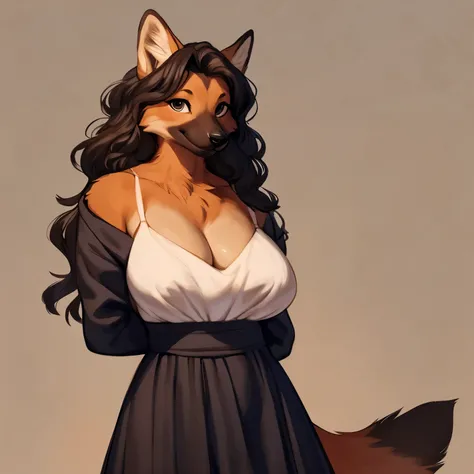 By meesh, by bebebebebe, by spuydjeks, by mellonbun, solo, female, standing, canine, (snout, wavy hair), smiling, looking at viewer, hands behind back, big breasts, maned wolf, (designer clothes, armani)