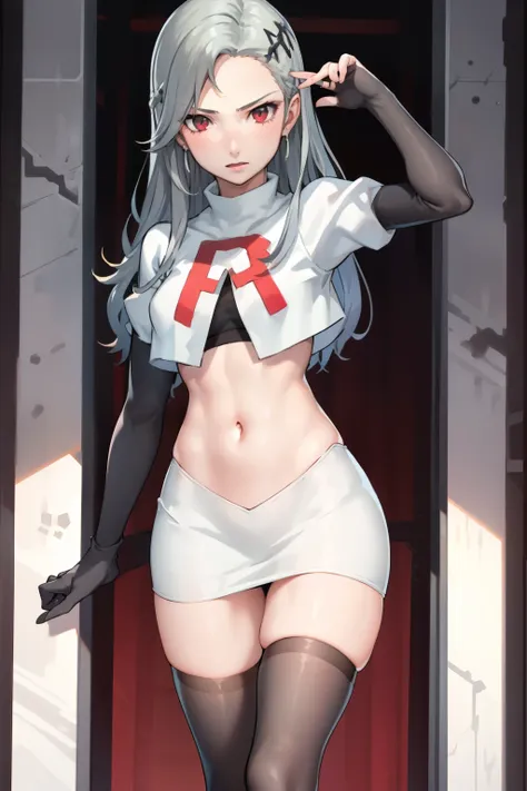 saep5, 1girl, team rocket uniform, red letter r, white skirt,white crop top,black thigh-highs,black elbow gloves