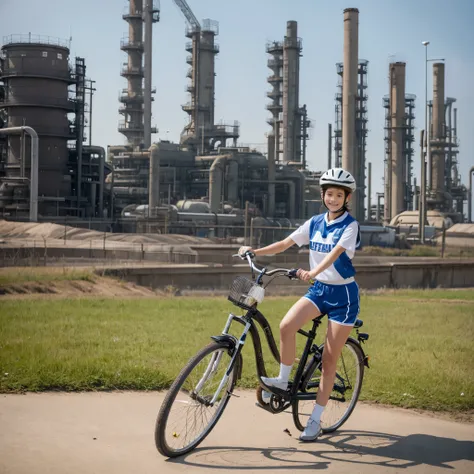 A girl riding a bicycle, at an abandoned petrochemical site, basketball uniform, short shorts,