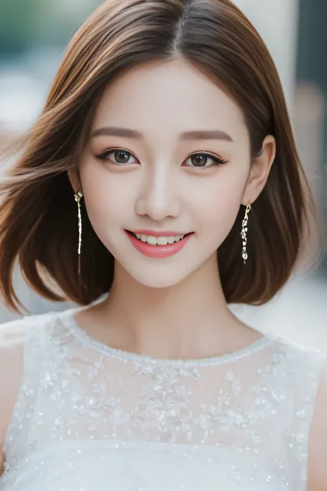 ((highest quality, 8K, masterpiece :1.3)), 1 girl, smile, whole body, slim face, Beautiful woman, (dark brown hair), White full-length dresses :1.1, super detailed face, fine eyes, double eyelid, blur background, slim face, city, outside, street,