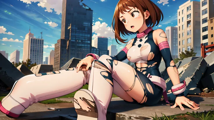 masterpiece, best quality, highres, hmochako, blush stickers, short hair, medium breasts, superhero, bodysuit, boots, ruins, building, (torn clothes:1.2), sitting