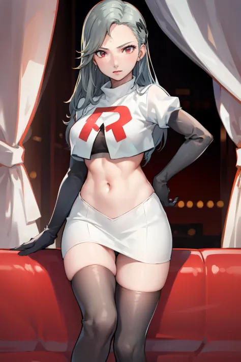 SaeP5, 1girl, team rocket uniform, red letter R, white skirt,white crop top,black thigh-highs,black elbow gloves