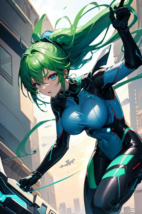 4K,High resolution,one woman,green hair,long ponytail,blue eyes,big breasts,ninja,tight cyber suit,cyber visor,cyber blade sword,city of the future,sky at night