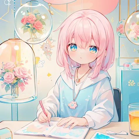 (PastelColors:1.3)、(Cute illustration:1.3)、(watercolor paiting:1.1)、ちび(hyper photograph, circle pendant on the desk):0.9. (pendant painting: (cell anime, A cute cancer:0.8, an intensely shining cancer constellation that shines from itself, rests on my glas...