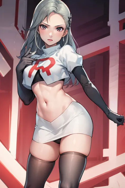 SaeP5, 1girl, team rocket uniform, red letter R, white skirt,white crop top,black thigh-highs,black elbow gloves