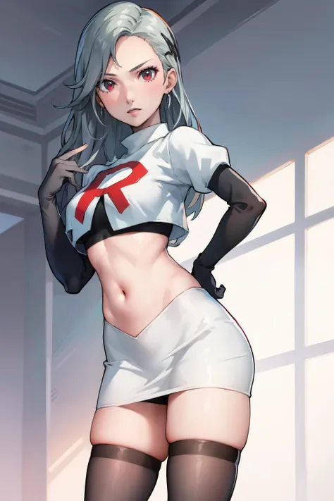 saep5, 1girl, team rocket uniform, red letter r, white skirt,white crop top,black thigh-highs,black elbow gloves