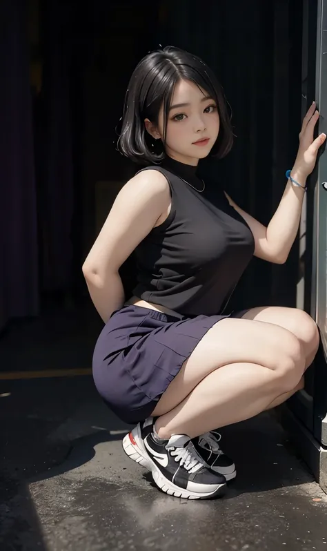 A beautiful beauty, wave black hair, big eyes, round face, dress, tight purple skirt, sneakers , slightly fat, plump and sexy, delicate facial features, on the black room, black room, dark room, HD, high quality, the best picture quality, chubby body, bob ...
