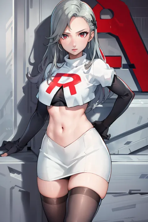 SaeP5, 1girl, team rocket uniform, red letter R, white skirt,white crop top,black thigh-highs,black elbow gloves