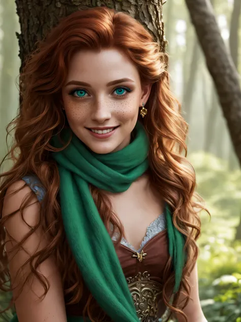 (Realistic:1.2), Photorealistic attractive beautiful woman with messy red hair, Blue eyes, small freckles, wear a long green scarf and green leg warmers, Princess Merida, brave, cute sexy, feminine pose, In the Forest of Fantasy, Cinematic lighting, Ethere...