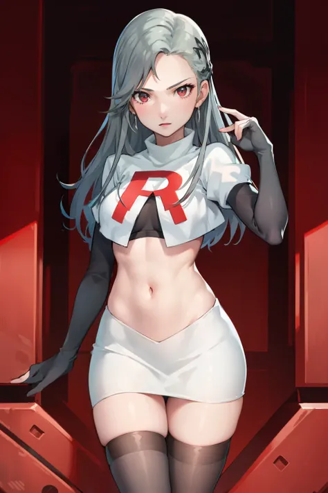 SaeP5, 1girl, team rocket uniform, red letter R, white skirt,white crop top,black thigh-highs,black elbow gloves