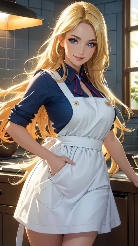 (best quality,ultra-detailed,photo-realistic:1.37),bright and vibrant colors,studio lighting,playful expression,stylish makeup,long blonde hair flowing in the wind,alluring eyes,glossy lips,sexy pose,Apron, kitchen, smiling in a confident and seductive way...