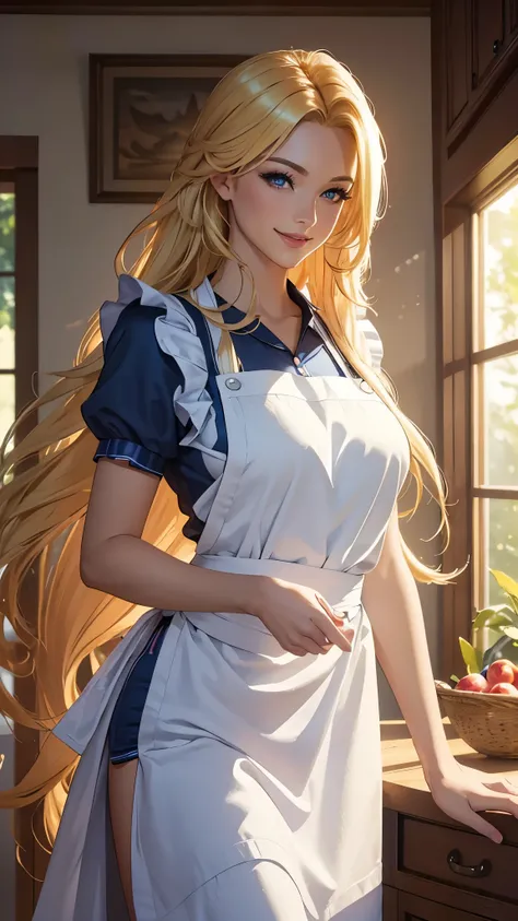 (best quality,ultra-detailed,photo-realistic:1.37),bright and vibrant colors,studio lighting,playful expression,stylish makeup,long blonde hair flowing in the wind,alluring eyes,glossy lips,sexy pose,Apron, kitchen, smiling in a confident and seductive way...