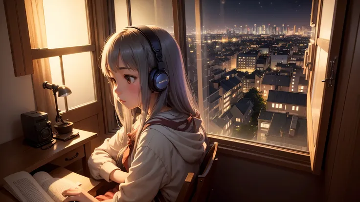 Ghibli style、Hayokaze Miyazaki、A girl is listening to music and looking out the window、In the house at night、A fantastic cityscape with gentle light outside the window、Gentle light inside the house、chill time、Relaxing time、The warmth of wood